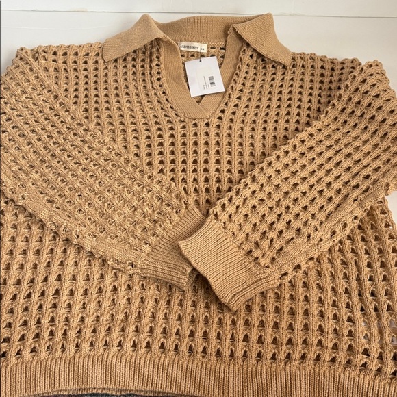 Andthewhy tan collared open knit long sleeve vneck sweater - Picture 15 of 16